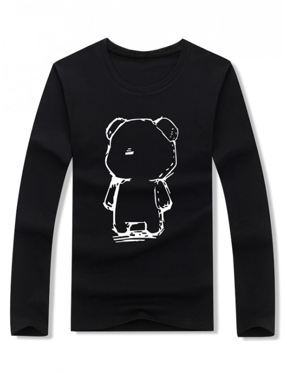 Abstract Cartoon Bear Drawing Print Long Sleeve T-shirt - Black M