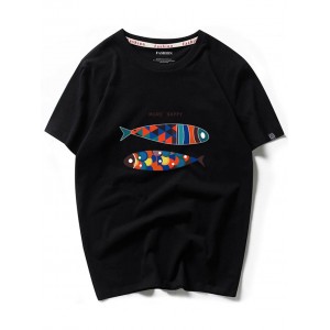 More Happy Colorful Fish Graphic Short Sleeves T-shirt - Black Xl