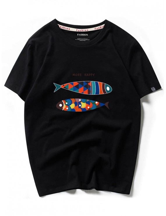 More Happy Colorful Fish Graphic Short Sleeves T-shirt - Black Xl