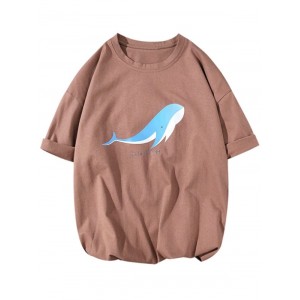 Dolor Sit A Met Letter Dolphin Print Casual T-shirt - Coffee M