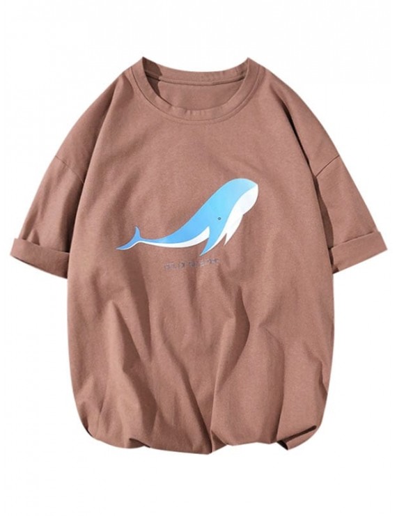 Dolor Sit A Met Letter Dolphin Print Casual T-shirt - Coffee M