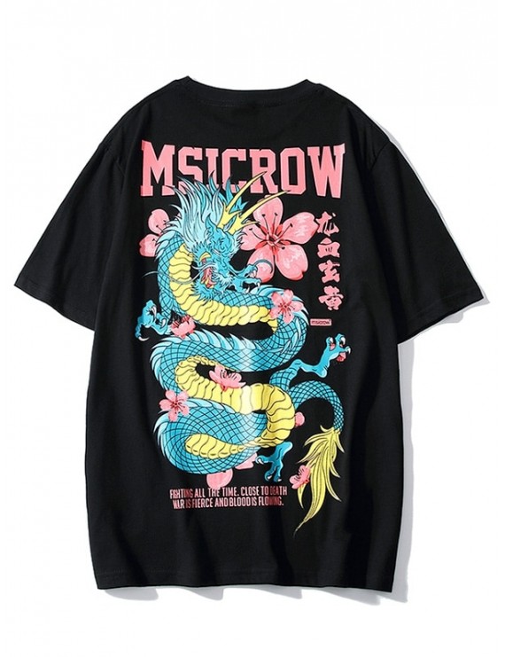 Chinese Letters Flowers Dragon Print T-shirt - Black M