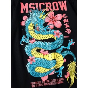 Chinese Letters Flowers Dragon Print T-shirt - Black M