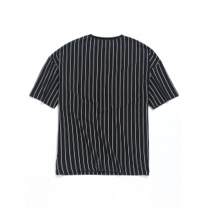 Striped Print Drop Shoulder T-shirt - Black M