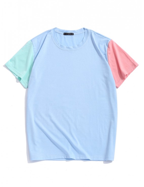  Paneled Color Block Short Sleeves T-shirt - Day Sky Blue Xl