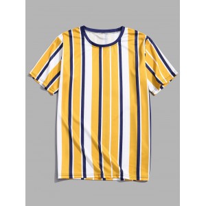 Short Sleeves Vertical Stripes Print Casual T-shirt - Golden Brown M
