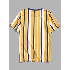 Short Sleeves Vertical Stripes Print Casual T-shirt - Golden Brown M
