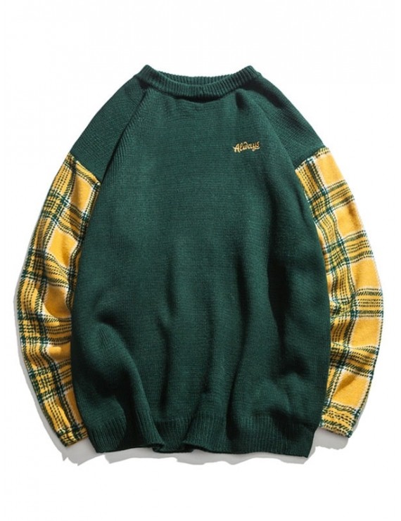Checked Sleeve Drop Shoulder Pullover Sweater - Green L