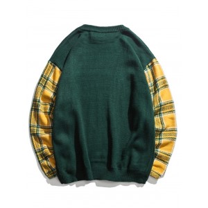 Checked Sleeve Drop Shoulder Pullover Sweater - Green L
