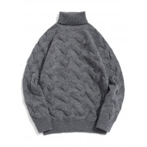 Chunky Knit Raglan Sleeve Turtleneck Pullover Sweater - Gray S