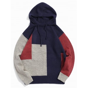 Colorblock Spliced Drawstring Hooded Sweater - Cadetblue S