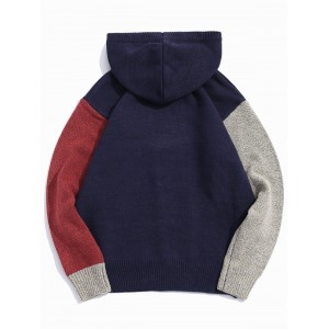 Colorblock Spliced Drawstring Hooded Sweater - Cadetblue S