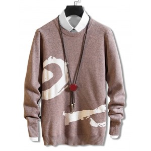 Rib-knit Trim Pullover Crew Neck Graphic Sweater - Camel Brown M