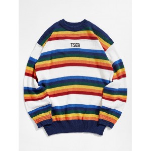Colorful Stripes Embroidery Sweater - White M