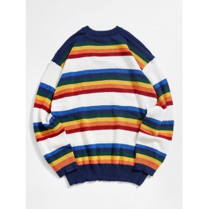 Colorful Stripes Embroidery Sweater - White M