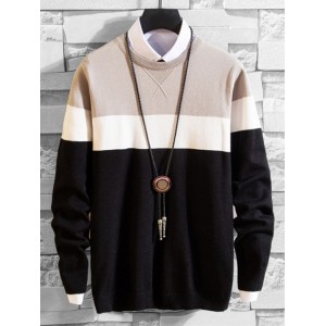 Splicing Colorblock Round Neck Pullover Sweater - Black M
