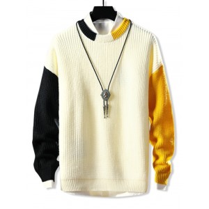 Color-blocking Rib Knit Drop Shoulder Sweater - White Xl