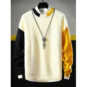 Color-blocking Rib Knit Drop Shoulder Sweater - White Xl