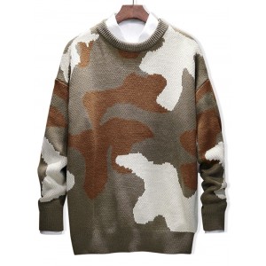 Camouflage Letter Graphic Casual Pullover Sweater - Khaki M