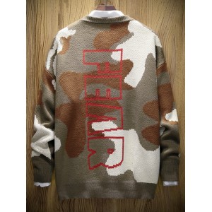 Camouflage Letter Graphic Casual Pullover Sweater - Khaki M