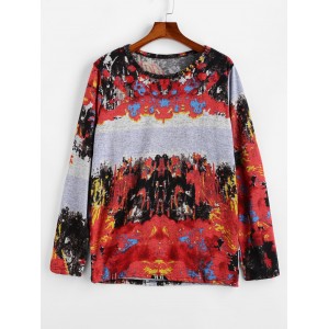 Vintage Printed Long-sleeved Round Neck Sweater - Red Xl