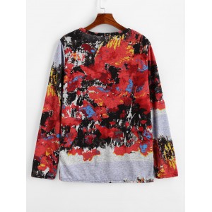 Vintage Printed Long-sleeved Round Neck Sweater - Red Xl