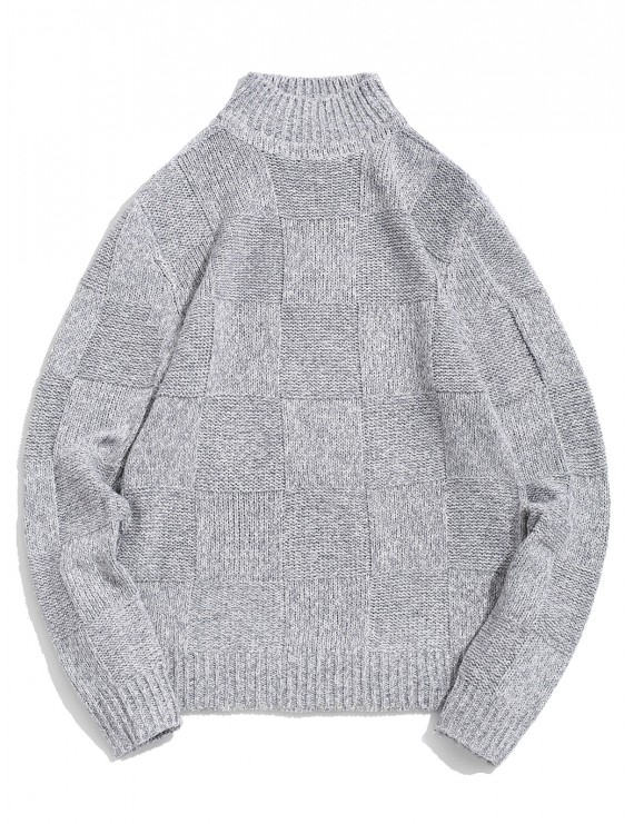 Checked Pattern High Neck Pullover Sweater - Light Gray S