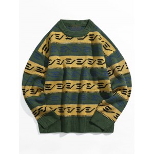 Color Blocking Spliced Graphic Drop Shoulder Pullover Sweater - Medium Forest Green M