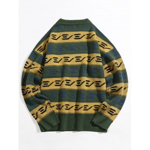 Color Blocking Spliced Graphic Drop Shoulder Pullover Sweater - Medium Forest Green M