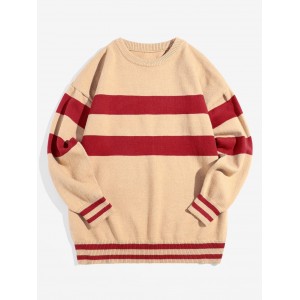 Letter Graphic Colorblock Stripes Pullover Sweater - Khaki L