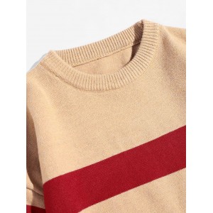 Letter Graphic Colorblock Stripes Pullover Sweater - Khaki L