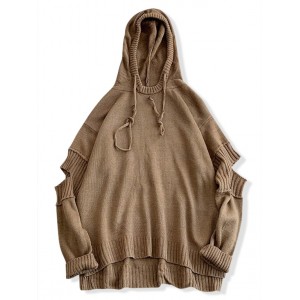 High Low Ripped Solid Hooded Sweater - Light Brown Xl