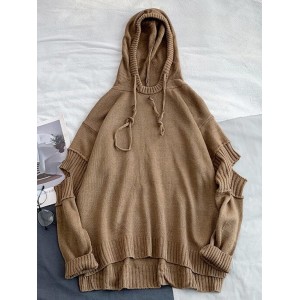 High Low Ripped Solid Hooded Sweater - Light Brown Xl
