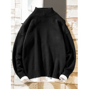 Solid Mock Neck Casual Pullover Sweater - Black L