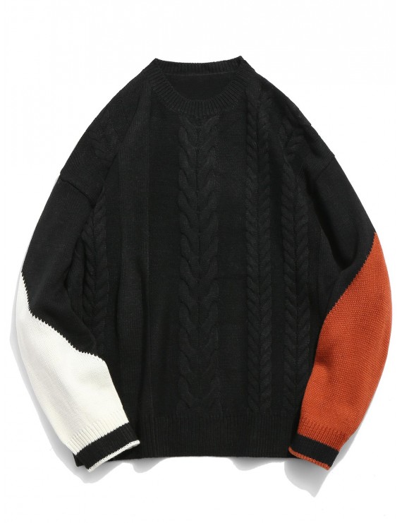 Contrast Twist Cable Knitted Sweater - Black Xl