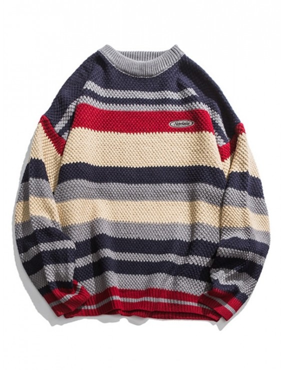 Multi Color Striped Drop Shoulder Pullover Sweater - Blue Xl