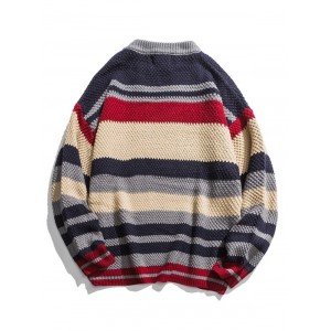 Multi Color Striped Drop Shoulder Pullover Sweater - Blue Xl