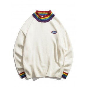 Colorful Striped Trim Drop Shoulder Pullover Sweater - White M