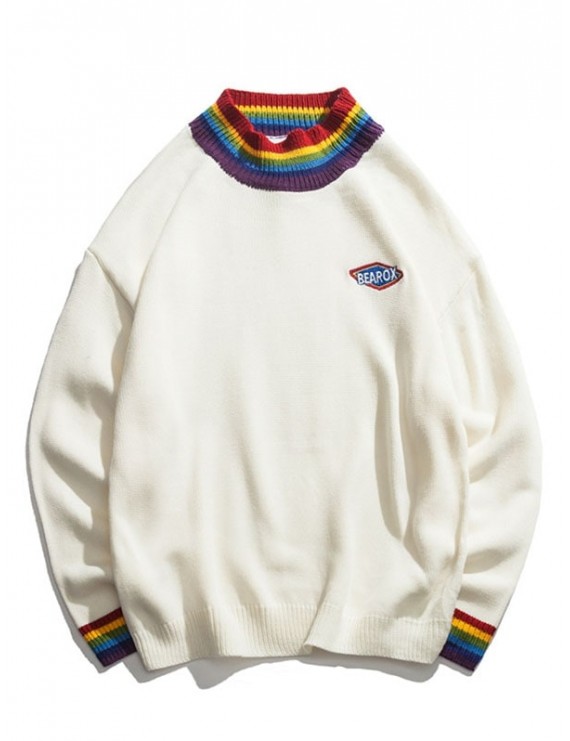Colorful Striped Trim Drop Shoulder Pullover Sweater - White M