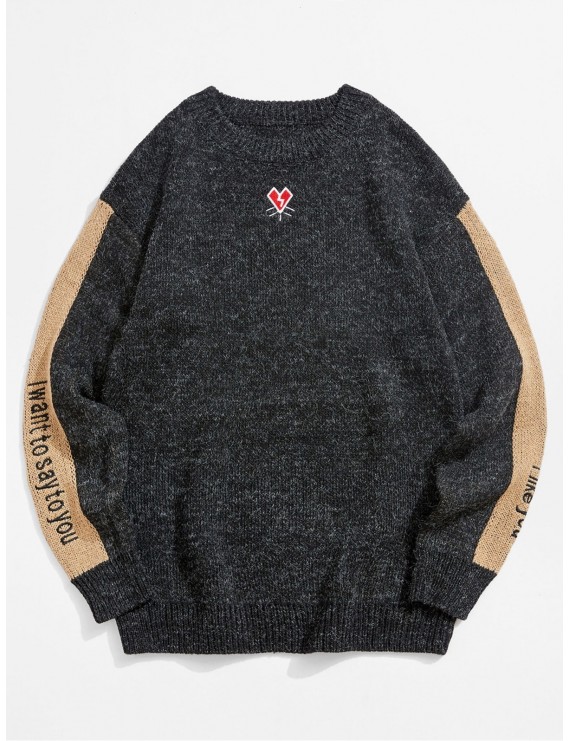 Contrast Color Spliced Letter Graphic Embroidery Sweater - Black Xs