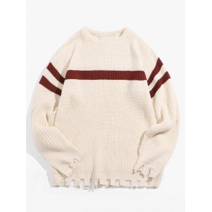 Color Blocking Striped Fringed Pullover Sweater - Warm White M