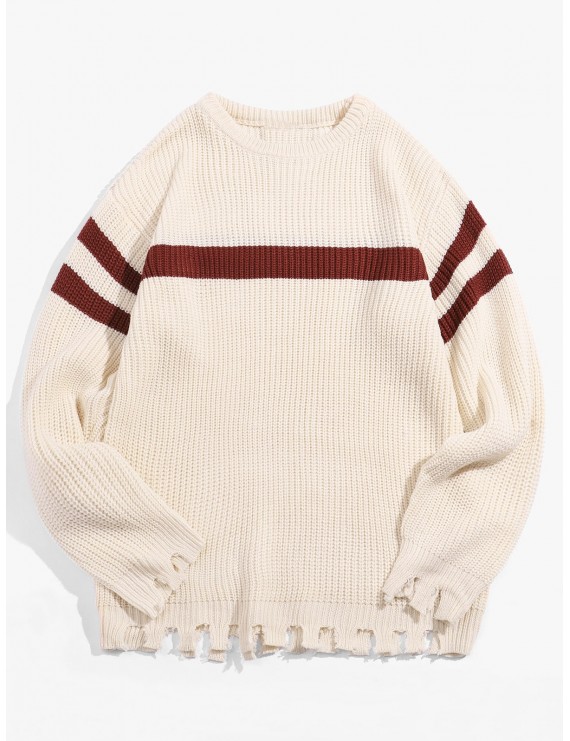 Color Blocking Striped Fringed Pullover Sweater - Warm White M