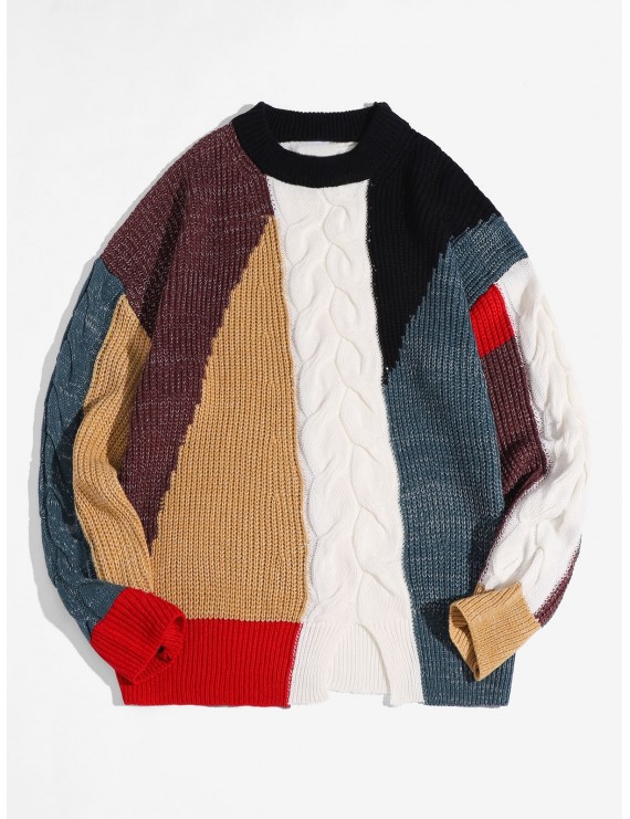 Color-blocking Chunky Knit Front Slit Sweater - Multi L