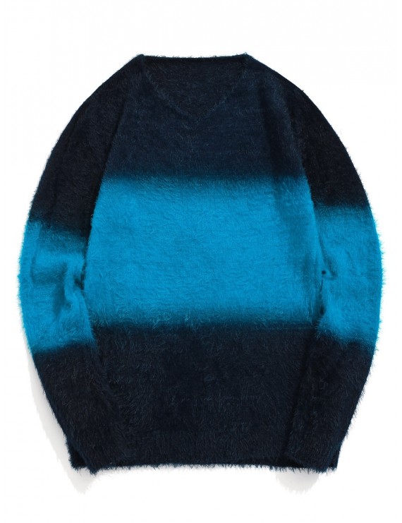 Color Spliced Full Sleeves Wool Sweater - Crystal Blue L