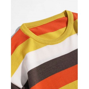 Colorblock Stripe Crew Neck Pullover Sweater - Yellow L