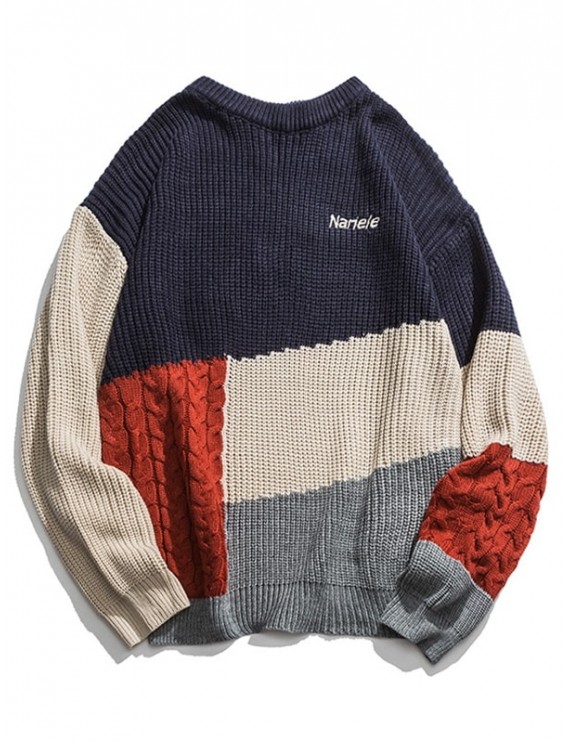 Color-blocking Cable Knit Drop Shoulder Sweater - Blue L