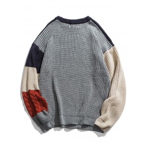 Color-blocking Cable Knit Drop Shoulder Sweater - Blue L