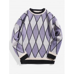 Geometric Graphic Contrast Trim Pullover Sweater - Purple Sage Bush L