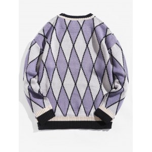 Geometric Graphic Contrast Trim Pullover Sweater - Purple Sage Bush L