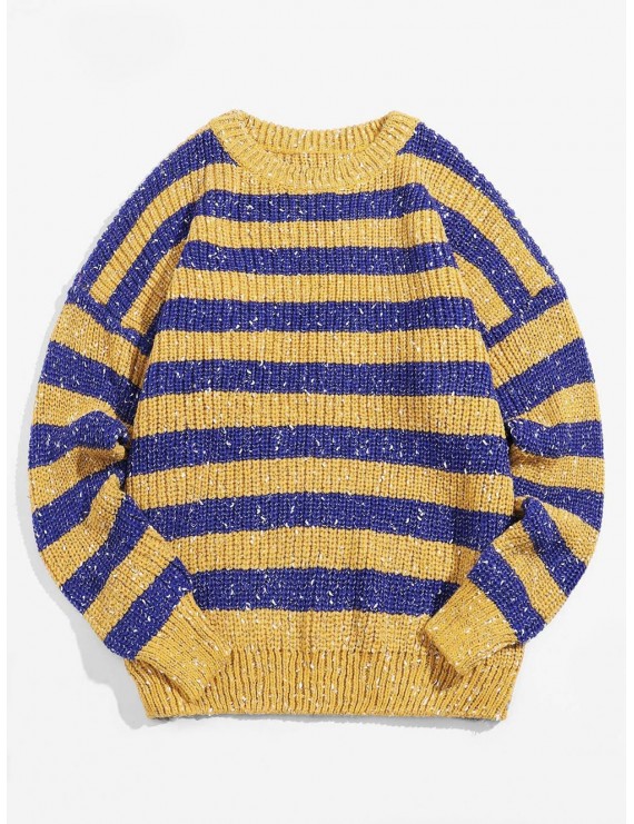 Color Blocking Stripes Drop Shoulder Pullover Sweater - Yellow L